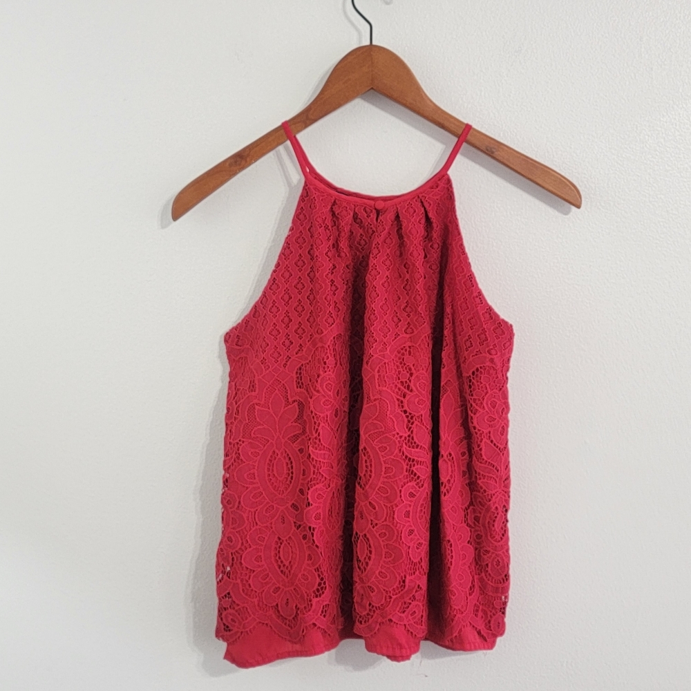 Red Lace High Neck Tank Top - Picture 7 of 11
